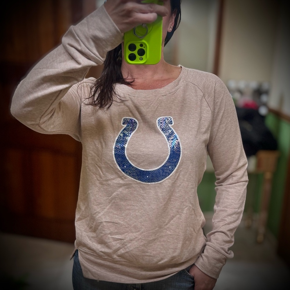 NFL Teens Apparel Tan with Blue Sequins Indianapolis Colts Long Sleeve Crew Neck